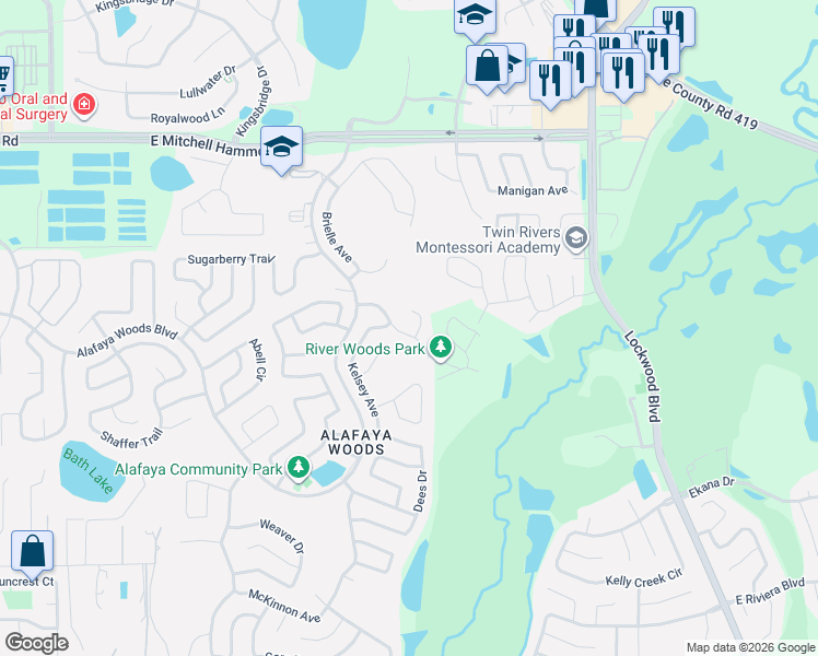 map of restaurants, bars, coffee shops, grocery stores, and more near 1013 Kasell Place in Oviedo