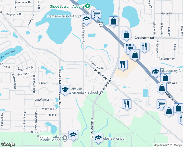map of restaurants, bars, coffee shops, grocery stores, and more near 1895 Olivia Circle in Apopka