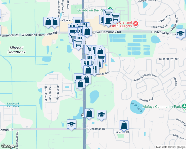 map of restaurants, bars, coffee shops, grocery stores, and more near 94 Alafaya Woods Blvd in Oviedo