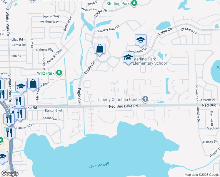 map of restaurants, bars, coffee shops, grocery stores, and more near 2848 Revere Court in Casselberry
