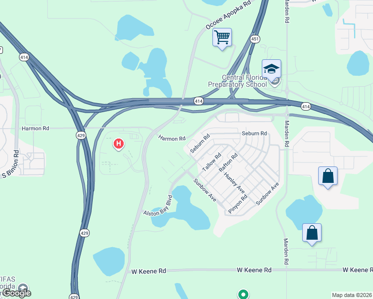 map of restaurants, bars, coffee shops, grocery stores, and more near 1366 Vasey Road in Apopka