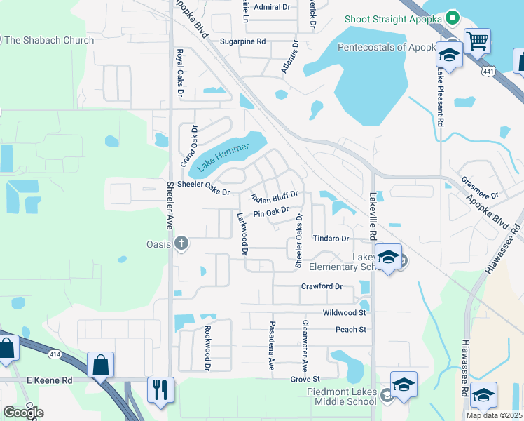 map of restaurants, bars, coffee shops, grocery stores, and more near 1196 Indian Bluff Court in Apopka