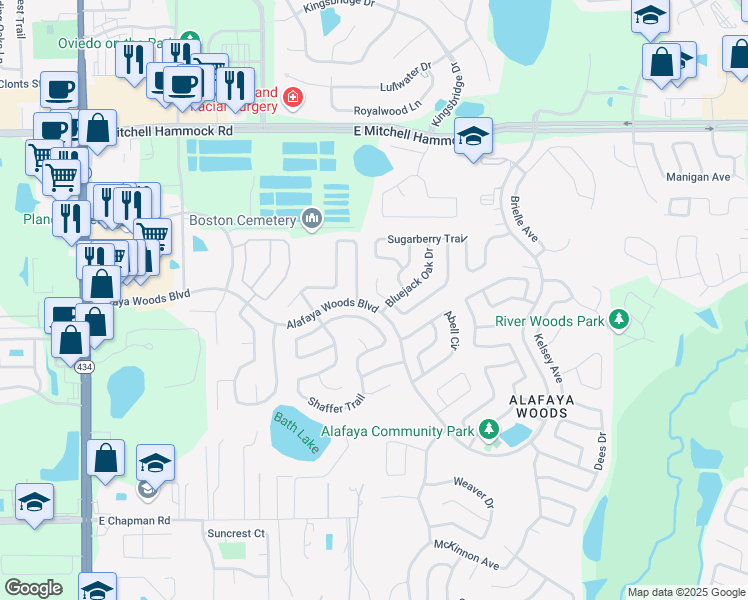 map of restaurants, bars, coffee shops, grocery stores, and more near 1005 Pond Apple Court in Oviedo