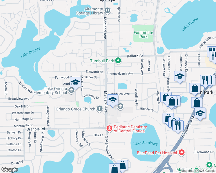 map of restaurants, bars, coffee shops, grocery stores, and more near 626 Maitland Avenue in Altamonte Springs