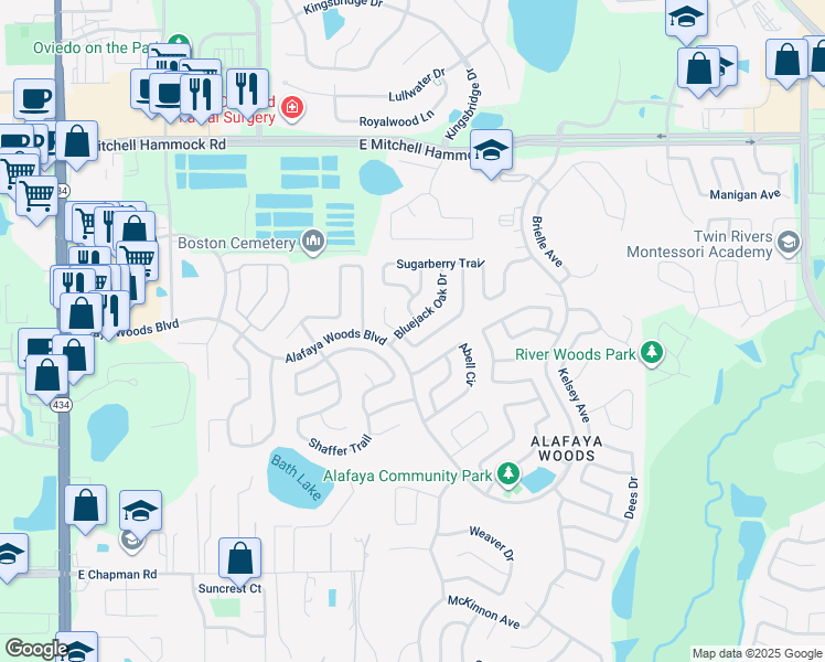 map of restaurants, bars, coffee shops, grocery stores, and more near 1004 Bluejack Oak Drive in Oviedo