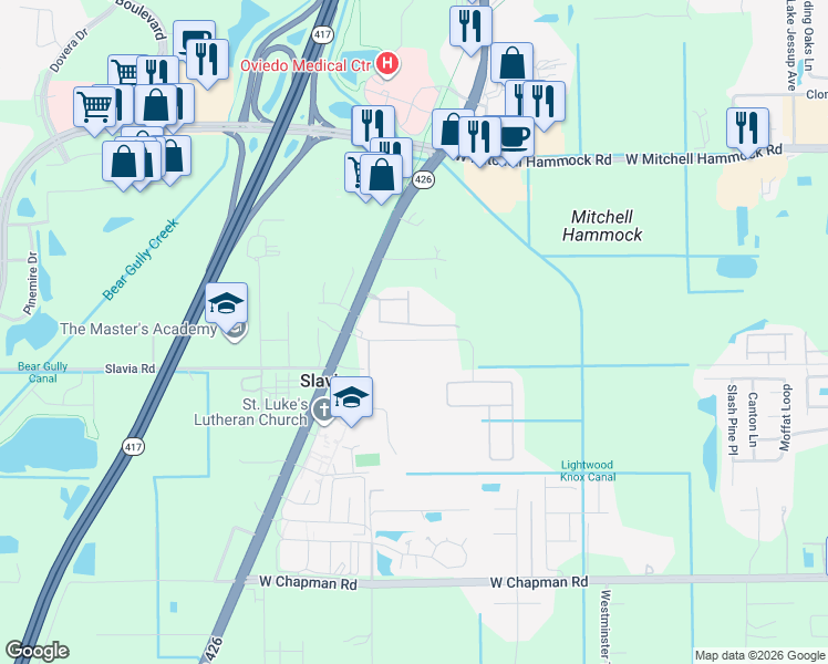 map of restaurants, bars, coffee shops, grocery stores, and more near 1228 Turnbridge Place in Oviedo