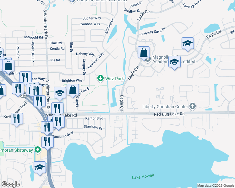 map of restaurants, bars, coffee shops, grocery stores, and more near 868 North Lake Sterling Court in Casselberry