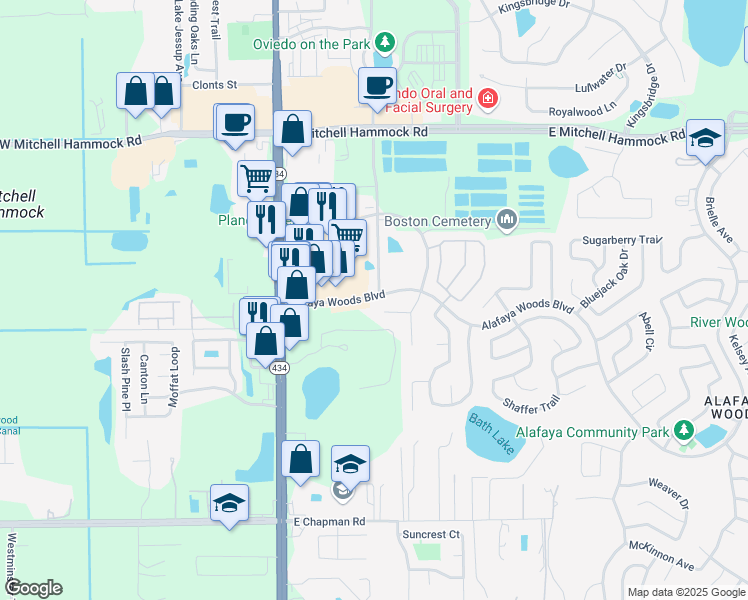 map of restaurants, bars, coffee shops, grocery stores, and more near 300 Alafaya Woods Blvd in Oviedo