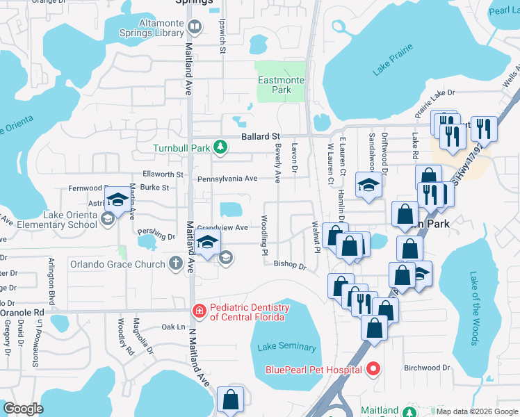 map of restaurants, bars, coffee shops, grocery stores, and more near 851 Crestwood Lane in Altamonte Springs
