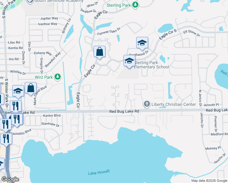 map of restaurants, bars, coffee shops, grocery stores, and more near 2848 Revere Court in Casselberry