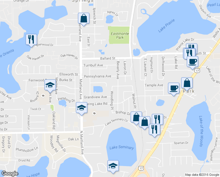 map of restaurants, bars, coffee shops, grocery stores, and more near 851 Crestwood Lane in Altamonte Springs