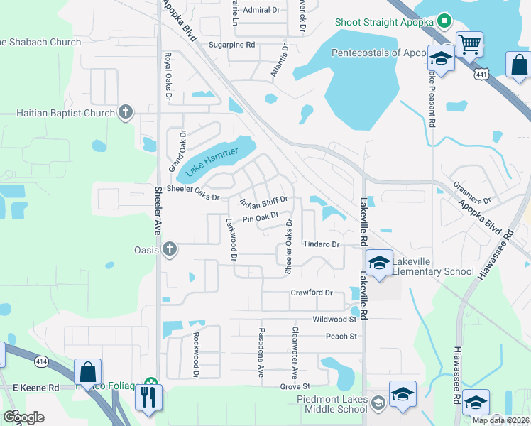 map of restaurants, bars, coffee shops, grocery stores, and more near 1268 Indian Bluff Drive in Apopka