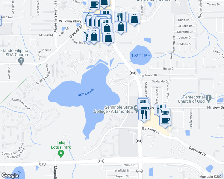 map of restaurants, bars, coffee shops, grocery stores, and more near 598 Coral Glen Loop in Altamonte Springs