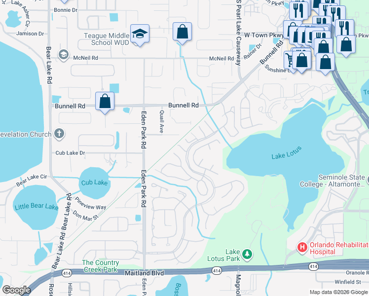 map of restaurants, bars, coffee shops, grocery stores, and more near 645 Elm Creek Court in Altamonte Springs