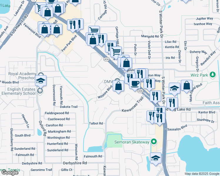 map of restaurants, bars, coffee shops, grocery stores, and more near Fellowship Drive in Casselberry