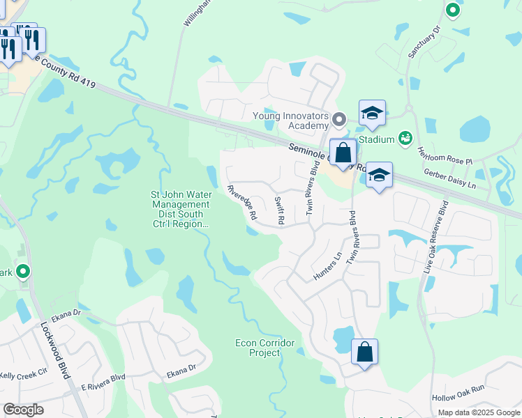 map of restaurants, bars, coffee shops, grocery stores, and more near 1472 Canal Cross Court in Oviedo