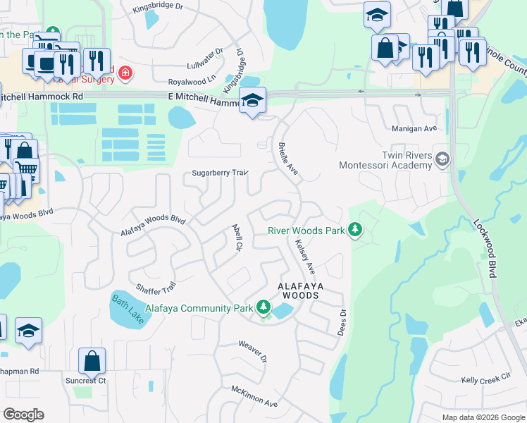 map of restaurants, bars, coffee shops, grocery stores, and more near 1129 Covington Street in Oviedo