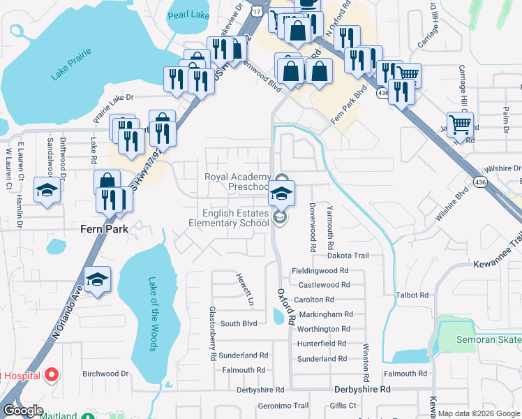 map of restaurants, bars, coffee shops, grocery stores, and more near 101 Eastwind Lane in Fern Park