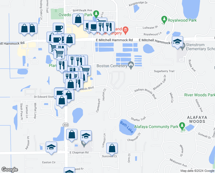 map of restaurants, bars, coffee shops, grocery stores, and more near 395 Alafaya Woods Boulevard in Oviedo