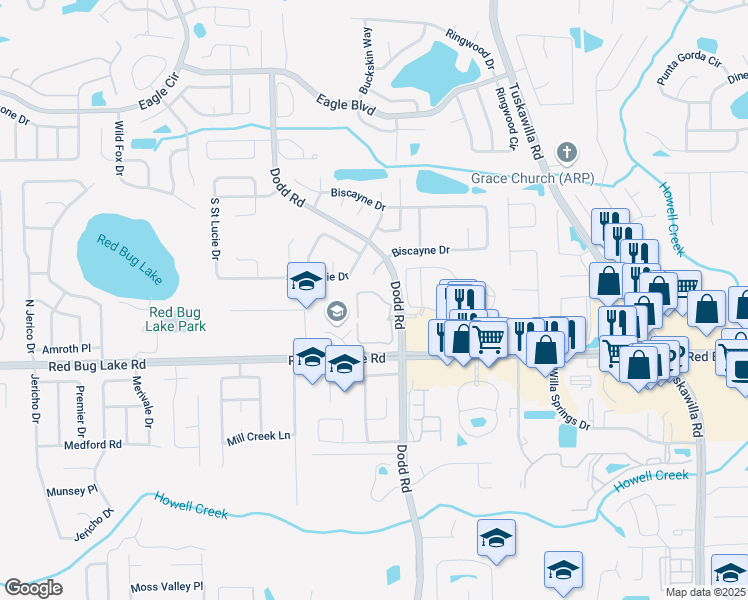 map of restaurants, bars, coffee shops, grocery stores, and more near 3708 Idlebrook Circle in Casselberry