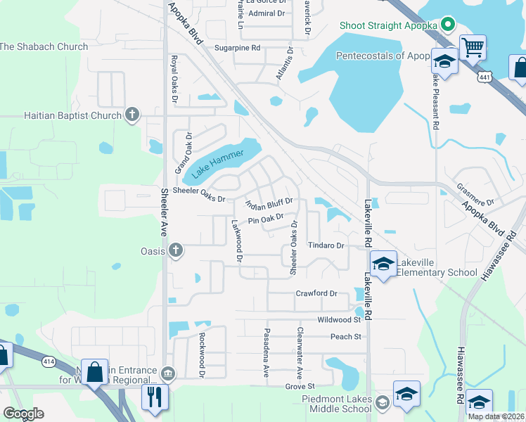 map of restaurants, bars, coffee shops, grocery stores, and more near 1196 Indian Bluff Court in Apopka