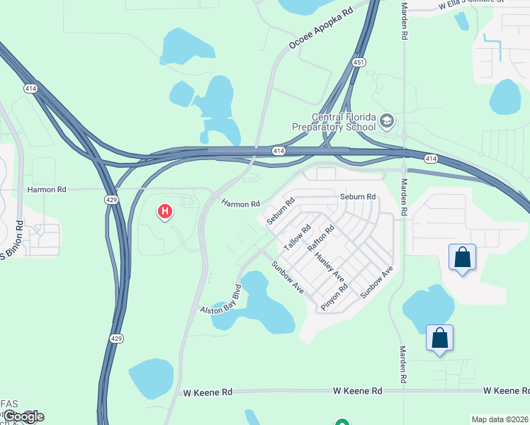 map of restaurants, bars, coffee shops, grocery stores, and more near 1366 Vasey Road in Apopka