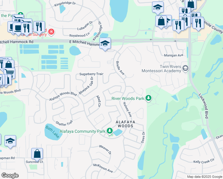 map of restaurants, bars, coffee shops, grocery stores, and more near 1128 Covington Street in Oviedo