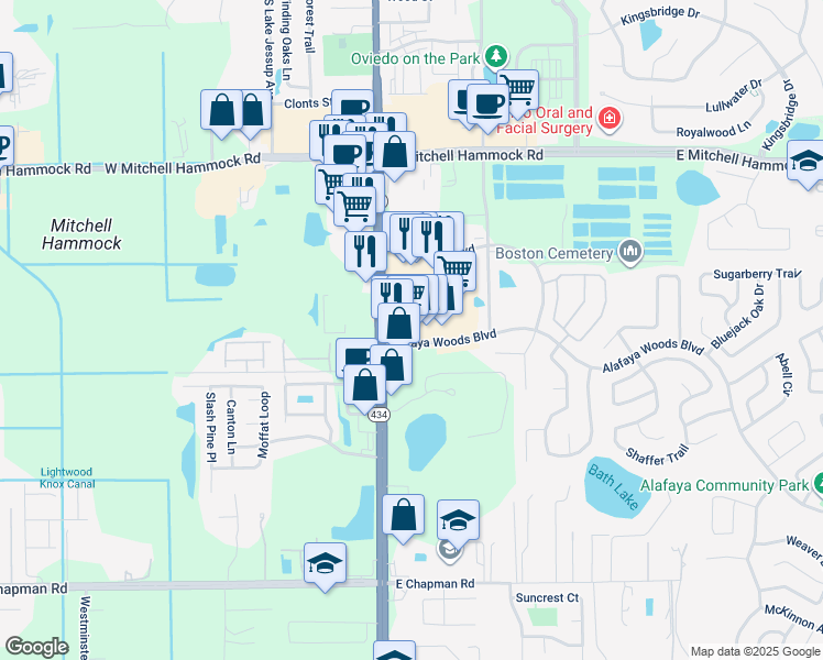 map of restaurants, bars, coffee shops, grocery stores, and more near 5 Alafaya Woods Boulevard in Oviedo