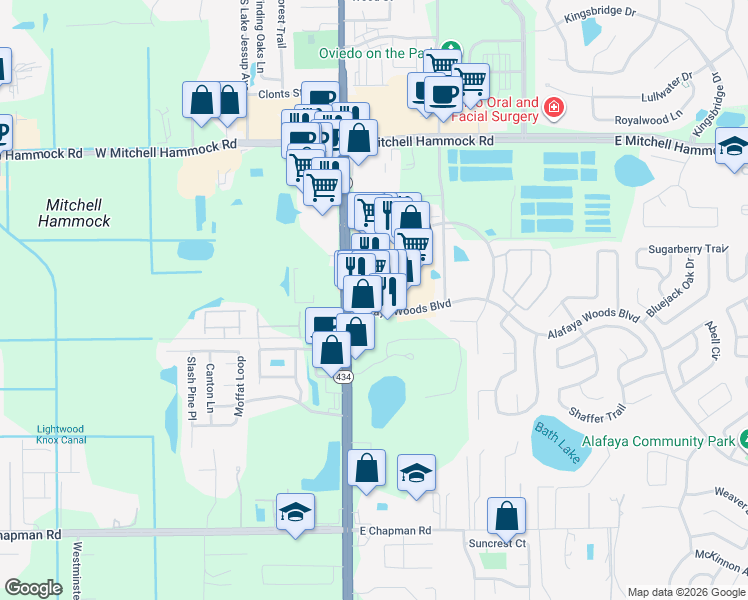 map of restaurants, bars, coffee shops, grocery stores, and more near 5 Alafaya Woods Boulevard in Oviedo