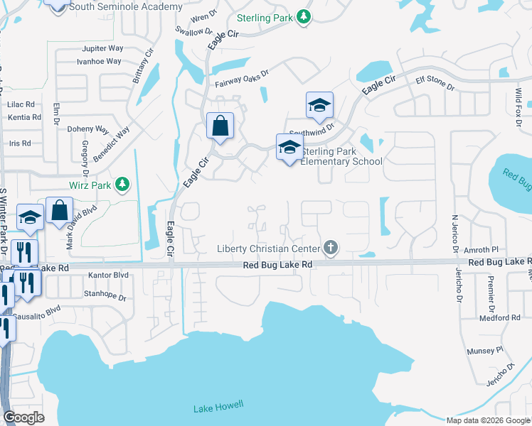 map of restaurants, bars, coffee shops, grocery stores, and more near 2885 Wareham Court in Casselberry