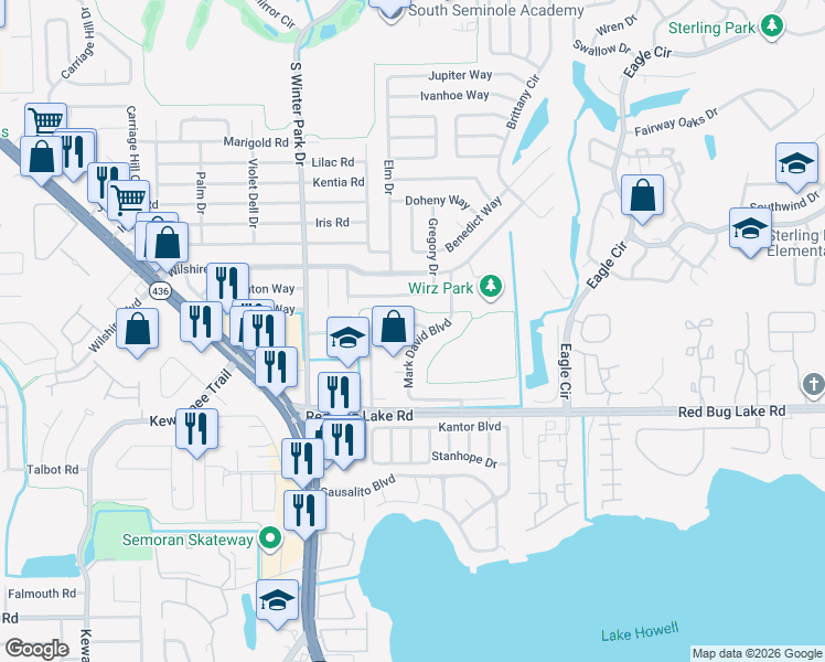 map of restaurants, bars, coffee shops, grocery stores, and more near 135 Mark David Boulevard in Casselberry