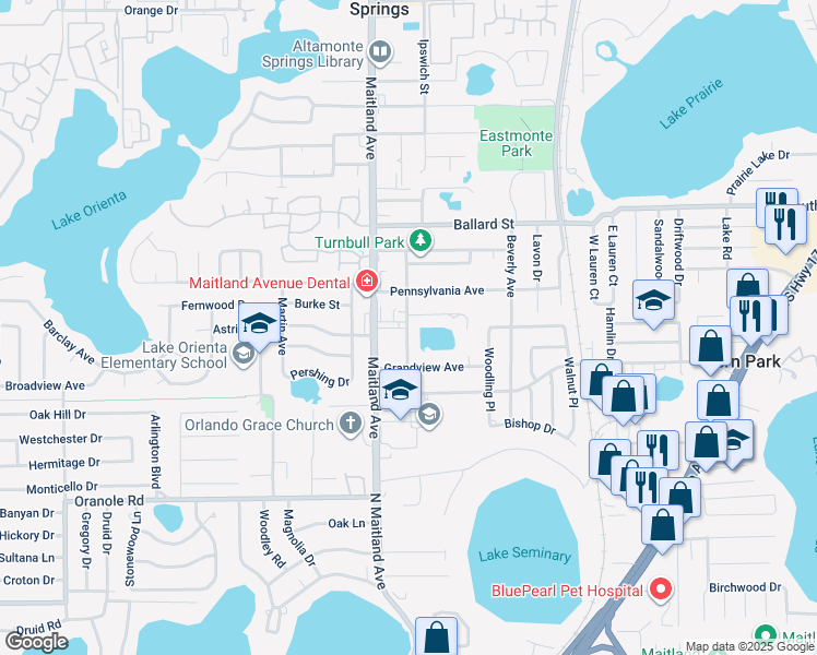 map of restaurants, bars, coffee shops, grocery stores, and more near 784 Wayne Avenue in Altamonte Springs