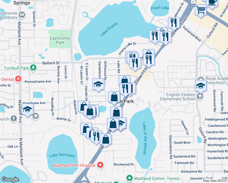 map of restaurants, bars, coffee shops, grocery stores, and more near 365 Garden Edge Point in Fern Park