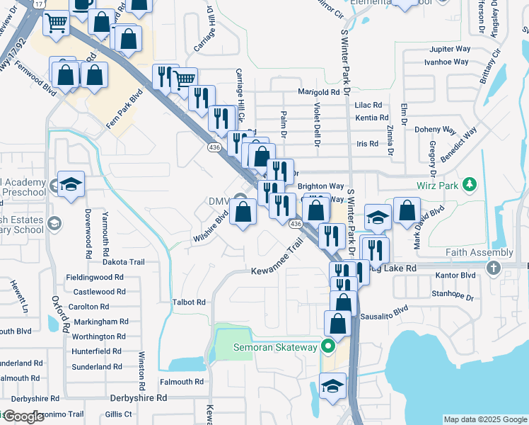 map of restaurants, bars, coffee shops, grocery stores, and more near Fellowship Drive in Casselberry