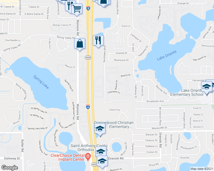 map of restaurants, bars, coffee shops, grocery stores, and more near 231 Debora Court in Altamonte Springs