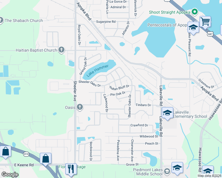 map of restaurants, bars, coffee shops, grocery stores, and more near 1196 Indian Bluff Court in Apopka