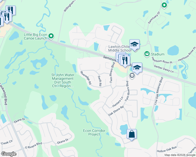 map of restaurants, bars, coffee shops, grocery stores, and more near 1469 Canal Cross Court in Oviedo