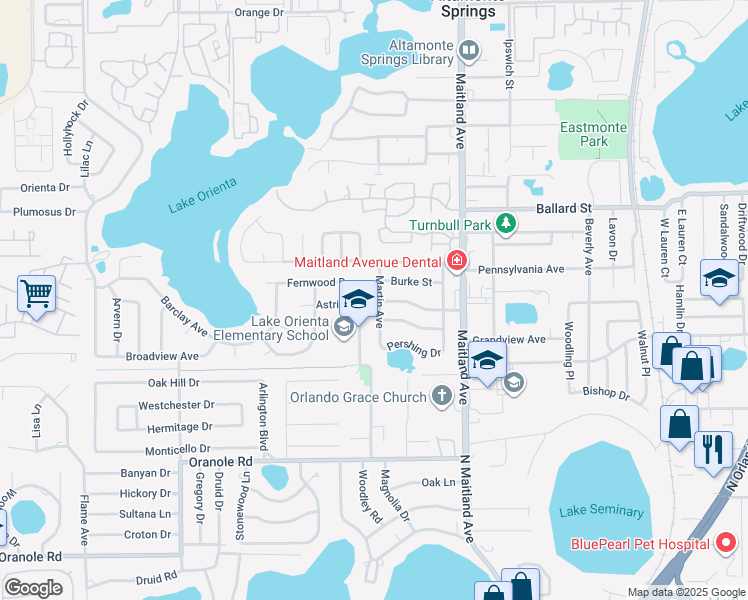 map of restaurants, bars, coffee shops, grocery stores, and more near 615 Marshall Street in Altamonte Springs