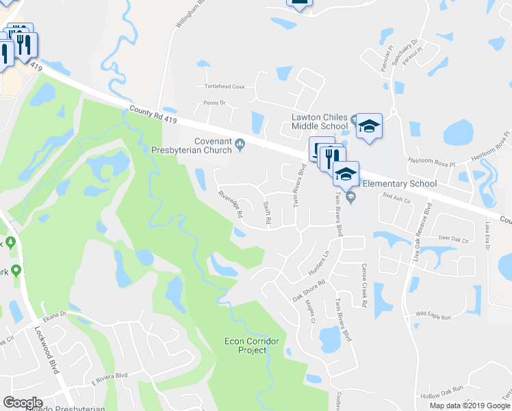 map of restaurants, bars, coffee shops, grocery stores, and more near 1469 Canal Cross Court in Oviedo