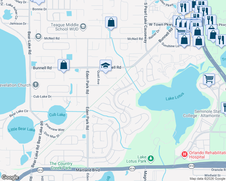 map of restaurants, bars, coffee shops, grocery stores, and more near 645 Elm Creek Court in Altamonte Springs