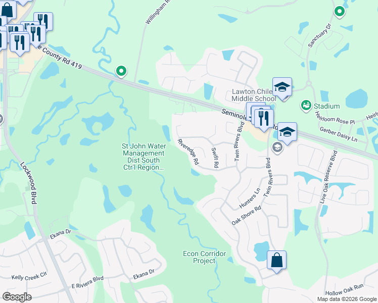 map of restaurants, bars, coffee shops, grocery stores, and more near 1676 Riveredge Road in Oviedo