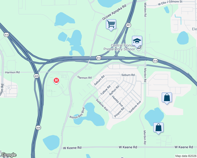map of restaurants, bars, coffee shops, grocery stores, and more near 1366 Vasey Road in Apopka