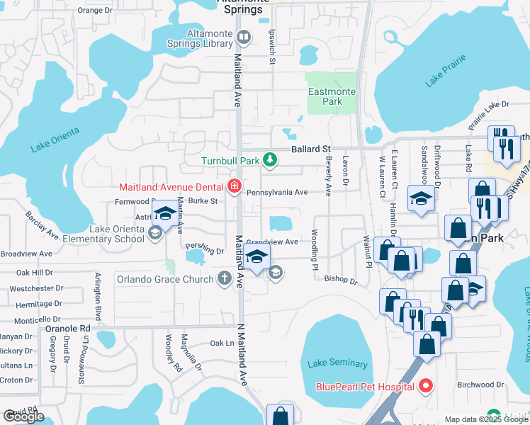 map of restaurants, bars, coffee shops, grocery stores, and more near 784 Wayne Avenue in Altamonte Springs