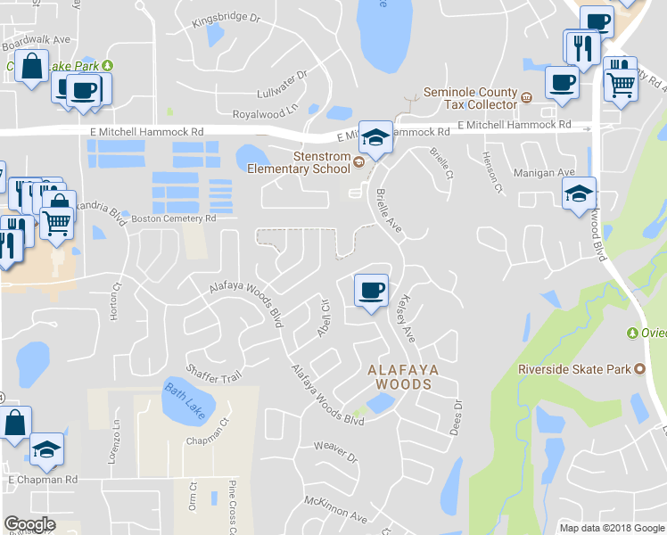 map of restaurants, bars, coffee shops, grocery stores, and more near 1090 Sugarberry Trail in Oviedo