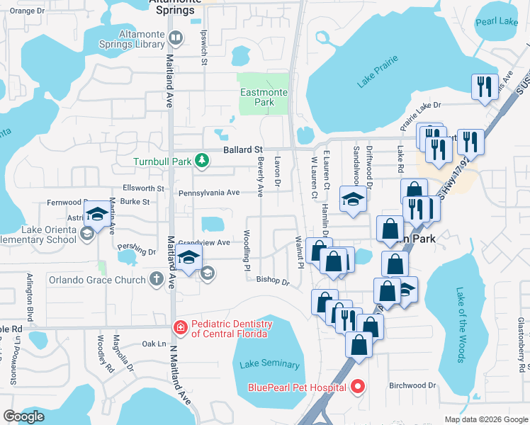 map of restaurants, bars, coffee shops, grocery stores, and more near 903 Crestwood Lane in Altamonte Springs