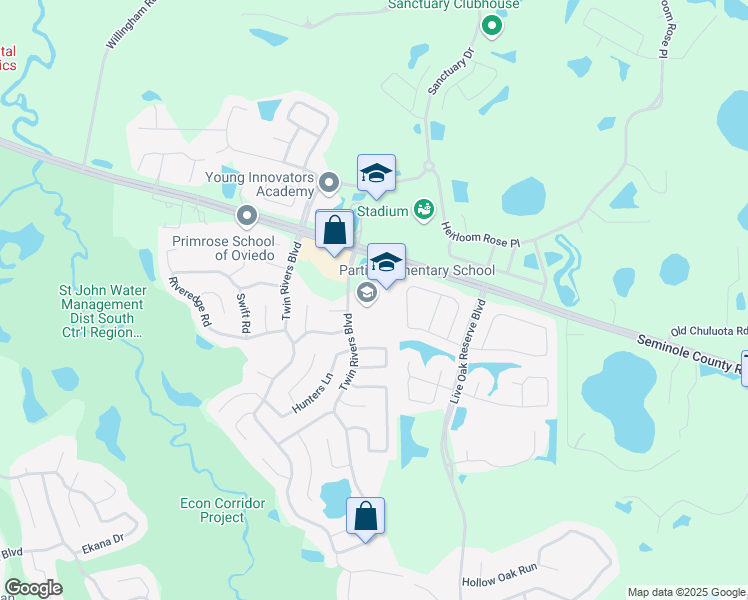 map of restaurants, bars, coffee shops, grocery stores, and more near 1500 Twin Rivers Boulevard in Oviedo