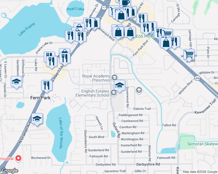 map of restaurants, bars, coffee shops, grocery stores, and more near 119 Eastwind Lane in Fern Park