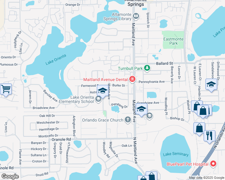 map of restaurants, bars, coffee shops, grocery stores, and more near 615 Marshall Street in Altamonte Springs