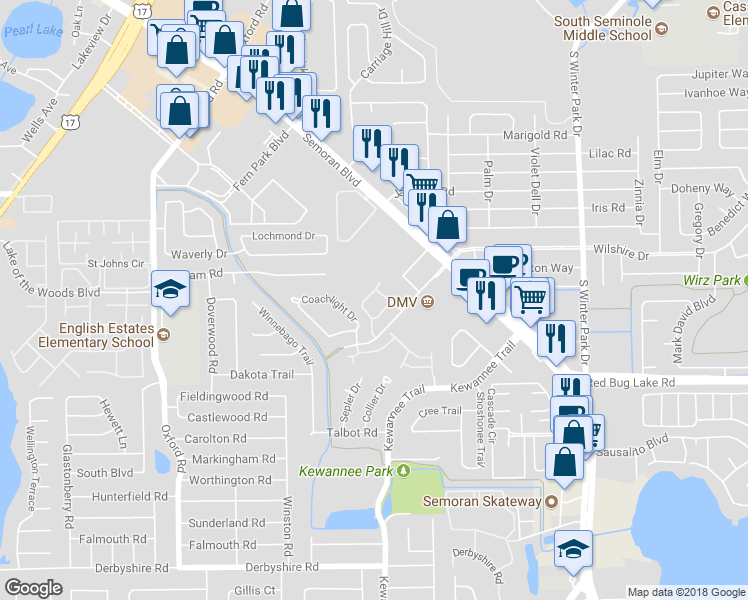 map of restaurants, bars, coffee shops, grocery stores, and more near 649 Fellowship Drive in Fern Park