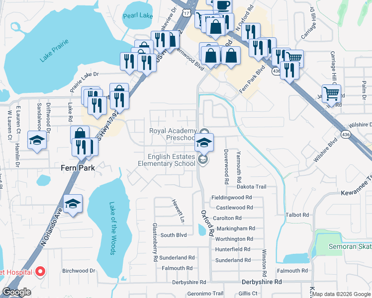 map of restaurants, bars, coffee shops, grocery stores, and more near 101 Eastwind Lane in Fern Park